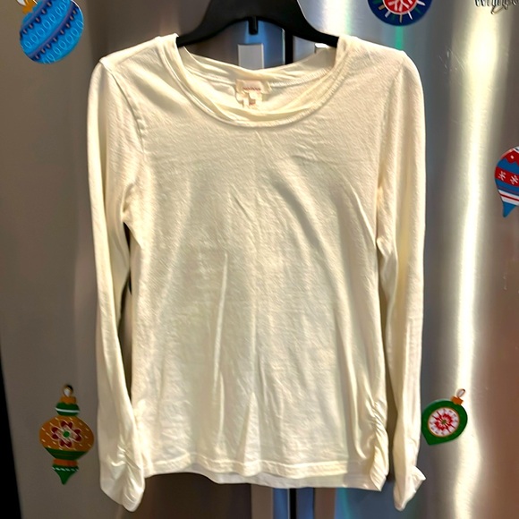 Sundance light yellow SHIRT long ruched sleeved thin Stripes round neck cotton M - Picture 1 of 13